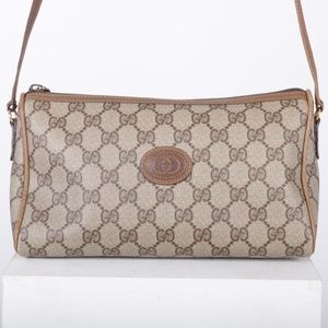 VTG GUCCI MONOGRAM WEB TRIANGLE TAN CROSSBODY BAG